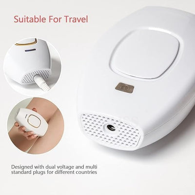 White hair removal device with text indicating suitability for travel and features like dual voltage and multi standard plugs.