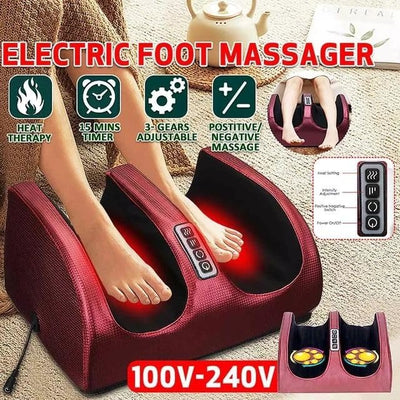 Electric foot massager with features highlighted on a beige background