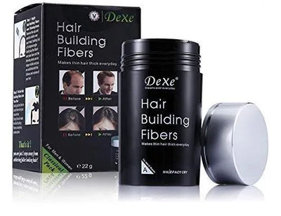 Dexe Hair Building Fibers packaging with black container and box on a white background