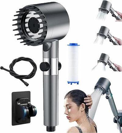 Handheld shower head with various nozzles and attachments, including a woman using it.