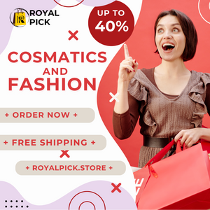 Promotional banner for Royal Pick with a woman holding a red bag, featuring cosmetic and fashion deals.
