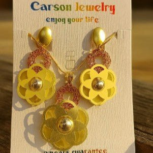 Gold and yellow earrings on a Carson Jewelry card.