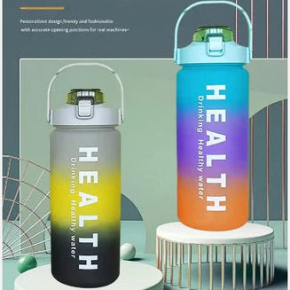 Two gradient water bottles with 'HEALTH' text on a modern interior background