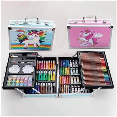 Art supply set with colorful pencils, crayons, and paints in a case featuring unicorn designs.